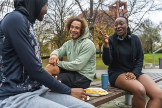 Group of diverse young adult friends sitting on a park bench, engaging in cheerful conversation and