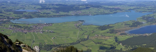 Panorama from Tegelberg, 1881m, on Schwangau, Waltenhofen, Hopfensee, Forggensee and Bannwaldsee,