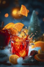Mulled wine splashes out of a glass with a falling orange slice, wintery atmosphere