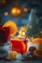 A glass of mulled wine with oranges and cinnamon, golden lights and Christmas decorations in the