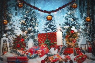 Winter Christmas scene with gifts and candles in front of snowy trees