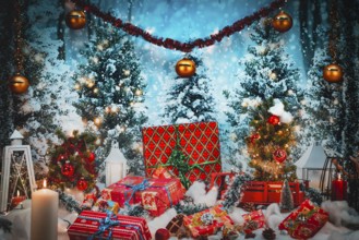 Festive scenery with gifts in front of snow-covered Christmas trees and lights