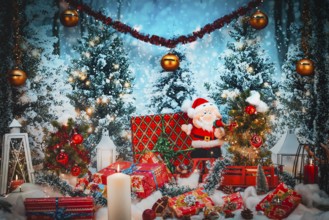 Christmas scene with Santa Claus surrounded by lights and gifts against a winter backdrop