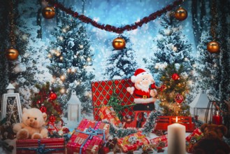 Scene decorated in winter with Santa Claus, candlelight and plenty of gifts under trees