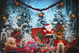 Santa Claus surrounded by gifts, plush toys and festive decorations with a burning candle