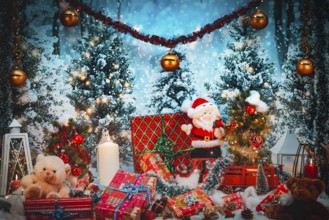 Christmas scene with Santa Claus, candles and colorful gifts against a snow-covered background