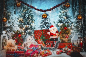 Santa Claus and plush toys surrounded by gifts and lights in snowy winter forest