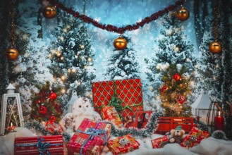 Christmas atmosphere with teddy bear, gifts and snowy trees, festive lights