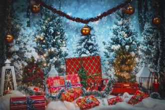 Christmas scene with gifts, trees and a snowy atmosphere, golden balls and a festive atmosphere