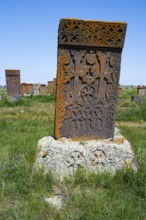 Standing tombstone with complex patterns and orange patina in a green landscape, crossstones,