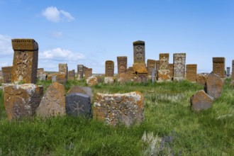 Numerous ancient tombstones on a lush green meadow under a clear blue sky, crossstones, khachkars,