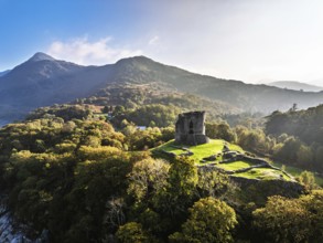 Autumn over Ruins of Dolbadarn Castle from a drone, Llanberis, Llywelyn, North Wales, UK