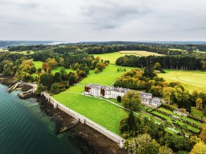 Autumn over Plas Newydd House from a drone, Gardens and Parkland, Llanfairpwllgwyngyll, Anglesey,