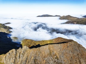 Snowdon Massif from a drone, Snowdon Range, Snowdonia, North Wales, UK