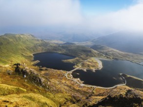Pyg Track over Llyn Llydaw lake from a drone, Pen-y-Pass, mountain pass, Snowdonia, Gwynedd,