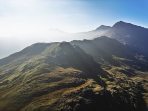 DefaultAutumn colours of Pen-y-Pass over Miner's Track, Start Point and road A4086 from a drone,