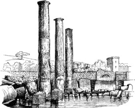 The Roman ruins of Macellum in the town of Pezzulo, market place at the ancient port, water,