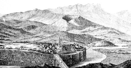 Volcanic boiler with basaltic lava from Jaujac on the Lignon, stratovolcano, volcanic cone,