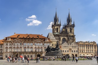 Old Town Square with Jan Hus Memorial and Tyn Church in Prague's Old Town, Prague, Czech Republic