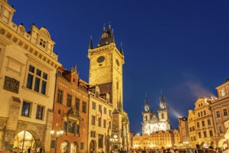 Old Town Town Hall and Tyn Church on Old Town Square at dusk, Prague, Czech Republic