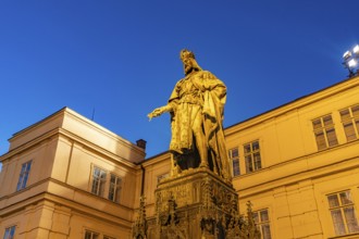 Monument to Emperor Charles IV on Kreuzherrenplatz at dusk, Prague, Czech Republic