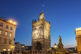 The Gothic Old Town Bridge Tower at dusk, Prague, Czech Republic