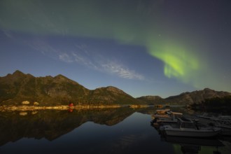 Northern lights are reflected in the fjord in Norway. Aurora Borealis over Festvåg near Bodø,
