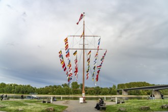 Flag pole on the Helmut-Kohl-Ufer Rhine promenade in Speyer, Rhineland-Palatinate, Germany
