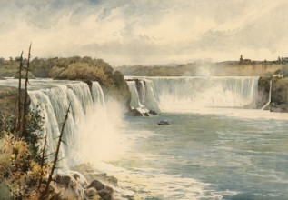 The Niagara Falls between Canada and America, around 1900, based on a painting by Thomas Nelson,