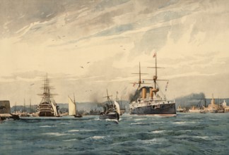 Port of Portsmouth, England, around 1900, based on a painting by Thomas Nelson, illustration,