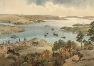 Sydney Harbour in Australia, around 1900, based on a painting by Thomas Nelson, illustration,