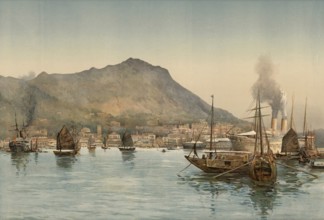 Hong Kong, ships in front of the harbor, around 1900, based on a painting by Thomas Nelson,