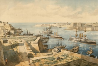 Port of Valetta, Malta, around 1900, based on a painting by Thomas Nelson, illustration,