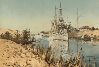 Suez Canal, Suez Canal, a warship passing through, Egypt, around 1900, after a painting by Thomas