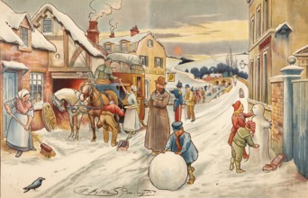 Symbolic winter, rural scene with farmers, children and animals, horse-drawn carriage, painting by