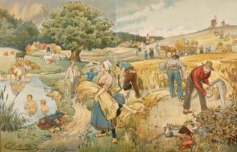 Symbolic summer, rural scene with farmers, children and animals, painting by Clayton Symington,