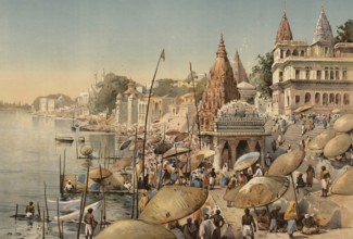 Benares, today Varanasi, city on the Ganges in India, around 1900, based on a painting by Thomas
