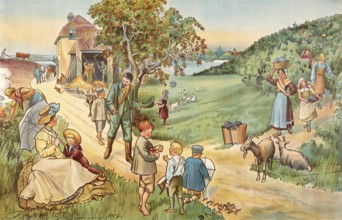 Symbolic autumn, rural scene with farmers, children and animals, painting by Clayton Symington,