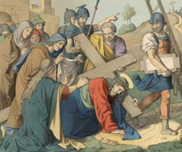 Biblical story, Jesus carrying the heavy cross, Jesus carrying the heavy wooden cross through