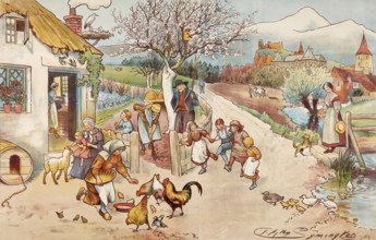 Symbolic spring, rural scene with farmers, children and animals, painting by Clayton Symington,