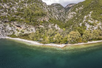 Beach and landscape near Dafni on the island of Euboea or Evia seen from the air, Greece