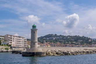 Cassis lighthouse and port entrance, lighthouse in the port of Cassis, Provence,