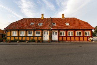 Typical colorful half-timbered house, Gudhjem, Bornholm, Baltic Sea, Denmark