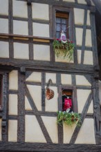 Timber-frame house decorated with vehicles in the historic old town of Riquewihr, Ellsass