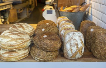Freshly baked loaves of bread on display in shop window of Reeves bakers, Devizes, Wiltshire,