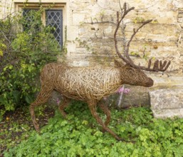 Reindeer deer stag sculpture handmade from woven wicker, Lacock, Wiltshire, England, UK by Woody
