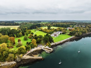 Autumn over Plas Newydd House from a drone, Gardens and Parkland, Llanfairpwllgwyngyll, Anglesey,