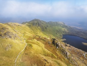 Pyg Track over Llyn Llydaw lake from a drone, Pen-y-Pass, mountain pass, Snowdonia, Gwynedd,
