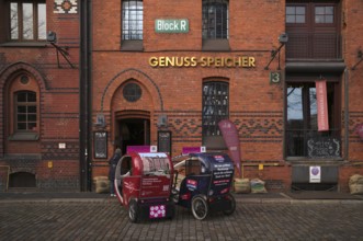 Pedalo Tour bicycles with advertising for the International Maritime Museum Peter Tamm park, stand
