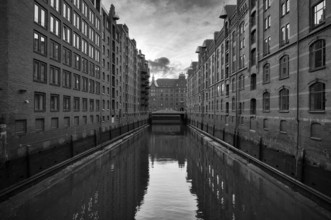 Warehouses, façade, brick building, Hamburger Speicherstadt, Hafencity, canal, black and white,